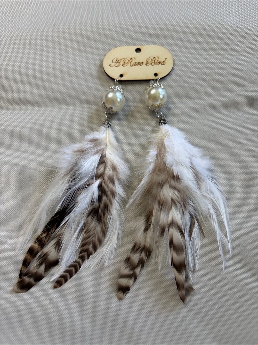 A Rare Bird White & Brown Feather Earrings with Pearl Accent NEW FALL WINTER